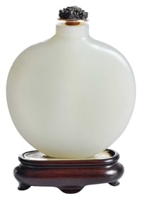 Large Chinese Carved Pale Green Jade Snuff Bottle with Wood Stand