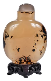 Chinese Carved Agate Snuff Bottle and Cap with Wood Stand