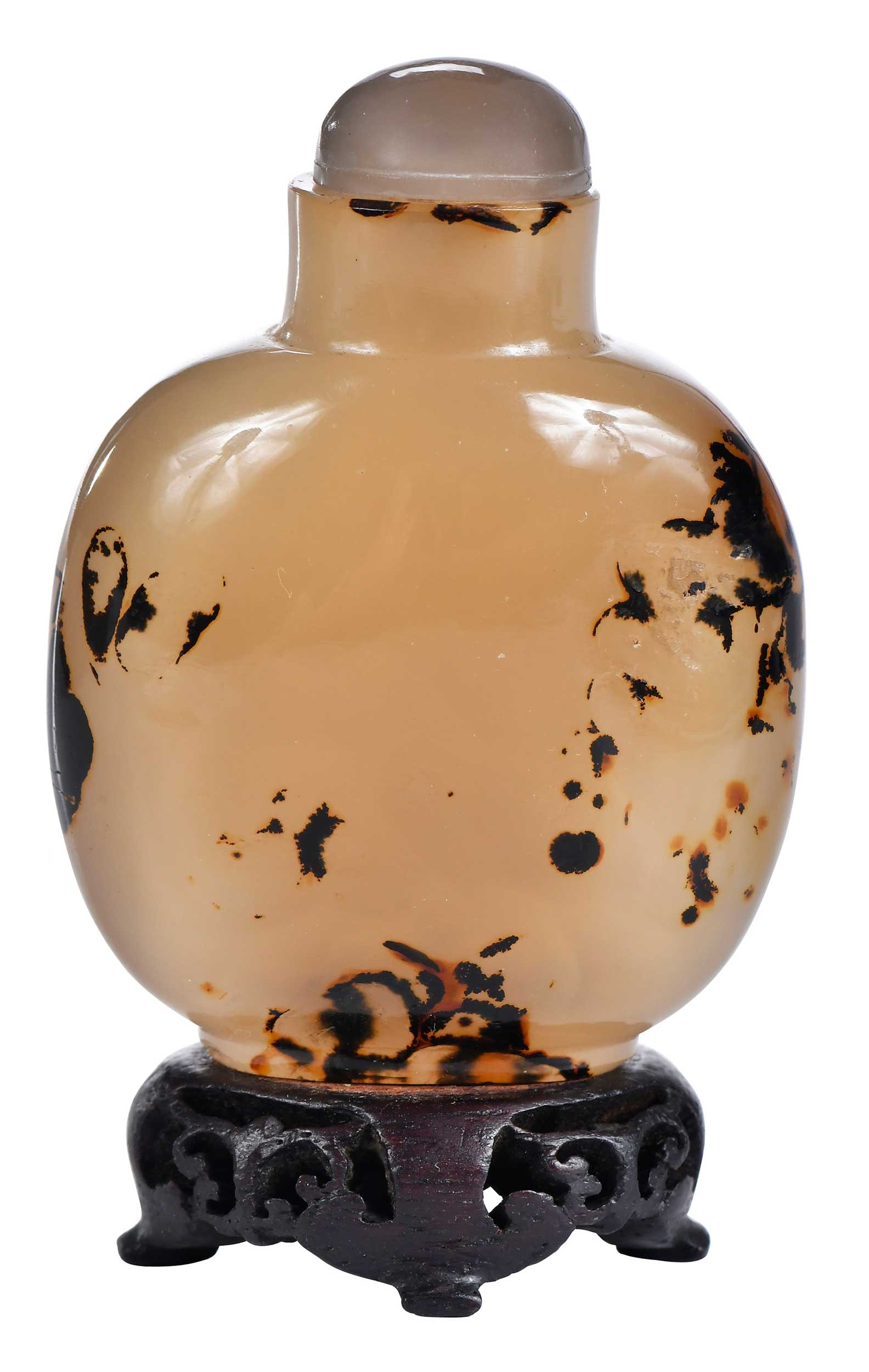 Chinese Carved Agate Snuff Bottle and Cap with Wood Stand: dendritic agate, bone spoon, agate cap, 2-5/8 x 1-7/8 x 1 in. Provenance: Private Collection, Charlotte, North Carolina