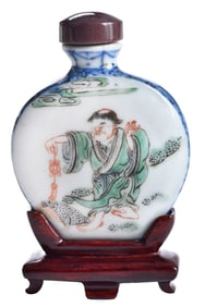 Chinese Enameled Porcelain Snuff Bottle with Wood Stand