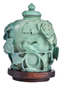 Chinese Carved Turquoise Snuff Bottle and Lid with Wood Stand