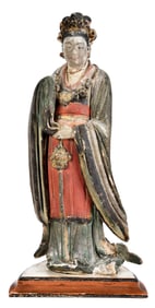 Chinese Carved and Painted Wood Figure on Pedestal