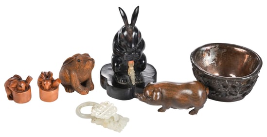 Seven Miniature Asian Objects, Netsukes and Jade Pendant