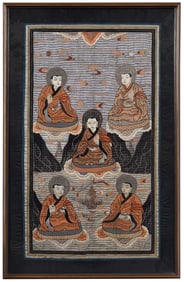 Framed Mongolian Embroidered Silk Thangka with Five Seated Monks