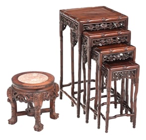 Nest of Four Chinese Carved Hardwood Low Tables and Circular Marble Top Taboret