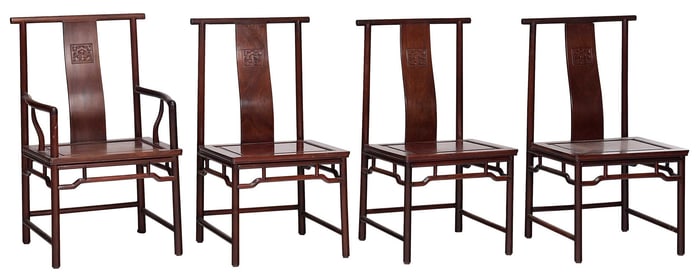 Set of Four Chinese Carved and Figured Side Chairs