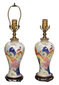 Pair of Chinese Porcelain Tobacco Leaf Baluster Vases as Lamps