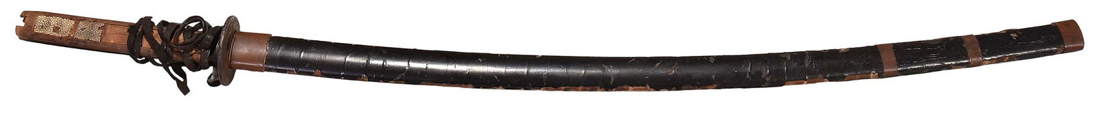 Japanese Tachi Katana: iron openwork tsuba, shagreen and fabric tsuka, lacquered wood saya, overall 45-1/2 x 3 x 2-7/8 in., cutting edge 27 in.