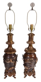 Pair of Japanese Bronze Crane Electrified Oil Lamps