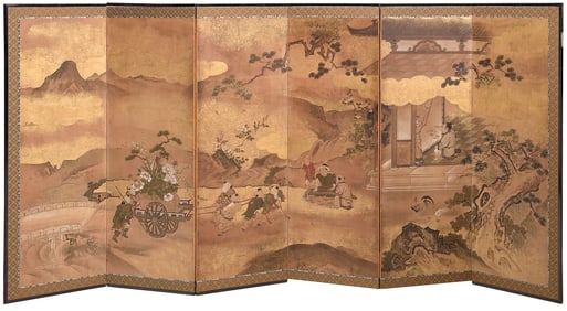 Japanese Painted and Gilt Six Panel Screen