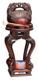 Japanese Carved and Lacquered Wood Gong with Cushion and Stand