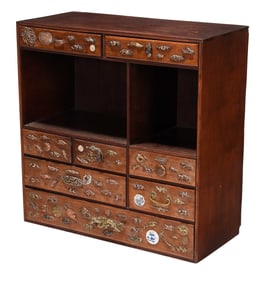 Small Japanese Wood Chest of Drawers with Applied Menuki and Medallion Decoration