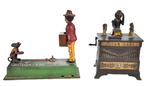 Two Cast Iron Mechanical Banks: "Organ Bank" and "Monkey Bank"