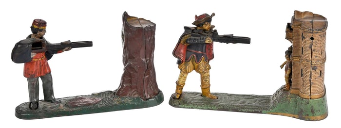 Two Cast Iron Mechanical Banks: "Creedmore Bank" and "William Tell"