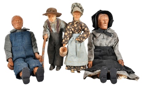 Two Pairs of American Folk Art Carved Wood Dolls