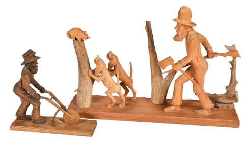 Two John Cowden Tennessee Carved Wood Figural Scenes