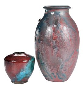 Two Ben Owen III Pottery Vases in Uniquely Mottled Glaze