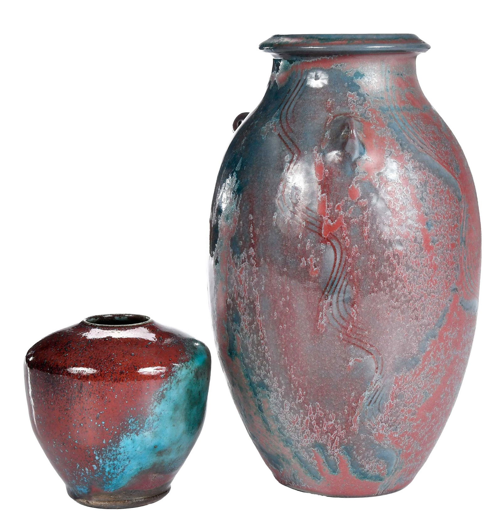Two Ben Owen III Pottery Vases in Uniquely Mottled Glaze (1 of 8)