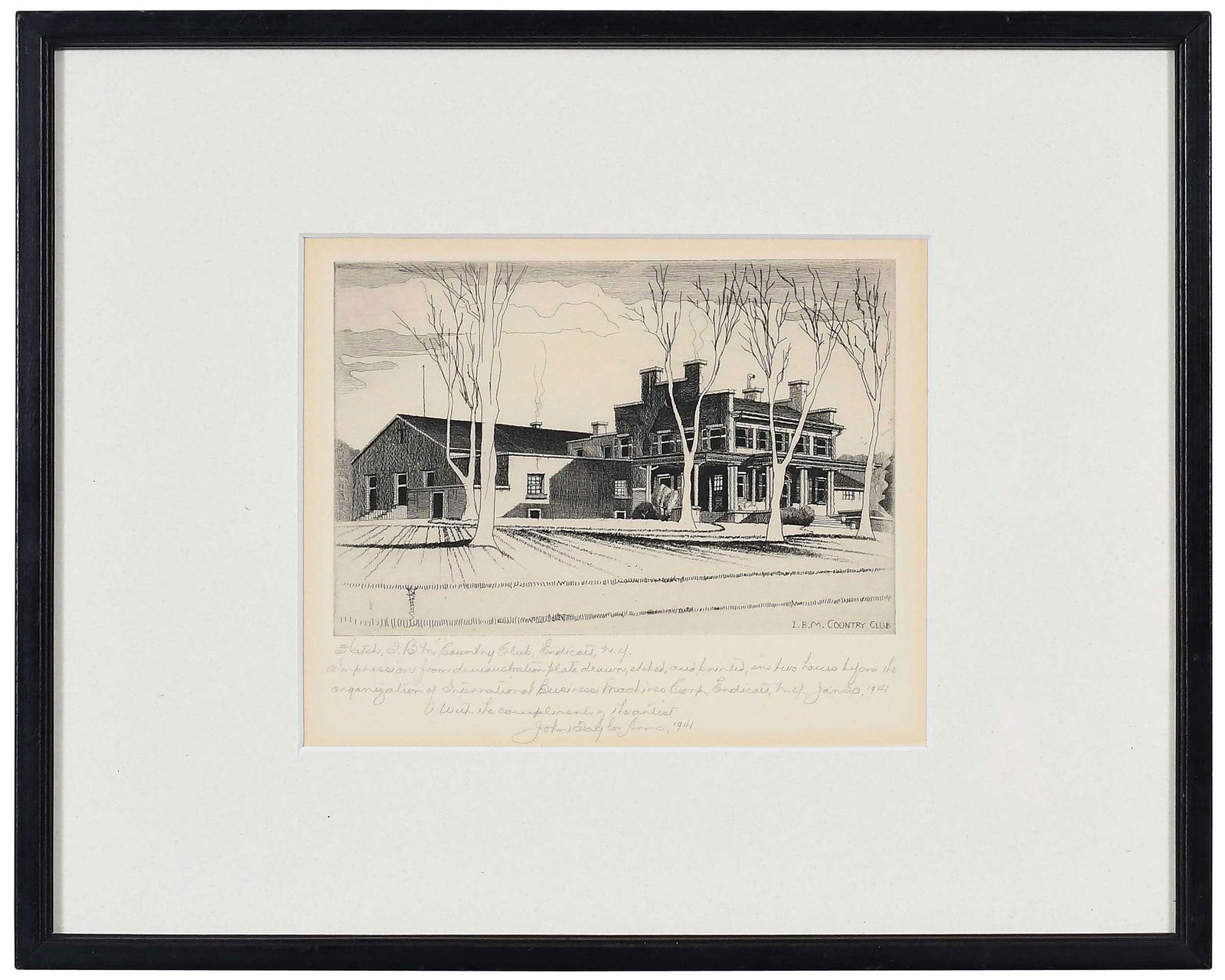 John Taylor Arms, I.B.M. Country Club: (American, 1887-1953) In Endicott, New York, 1941, signed and dated in pencil lower center "John Taylor Arms, 1941", with additional pencil inscriptions "Impression from demonstration plate drawn, etc