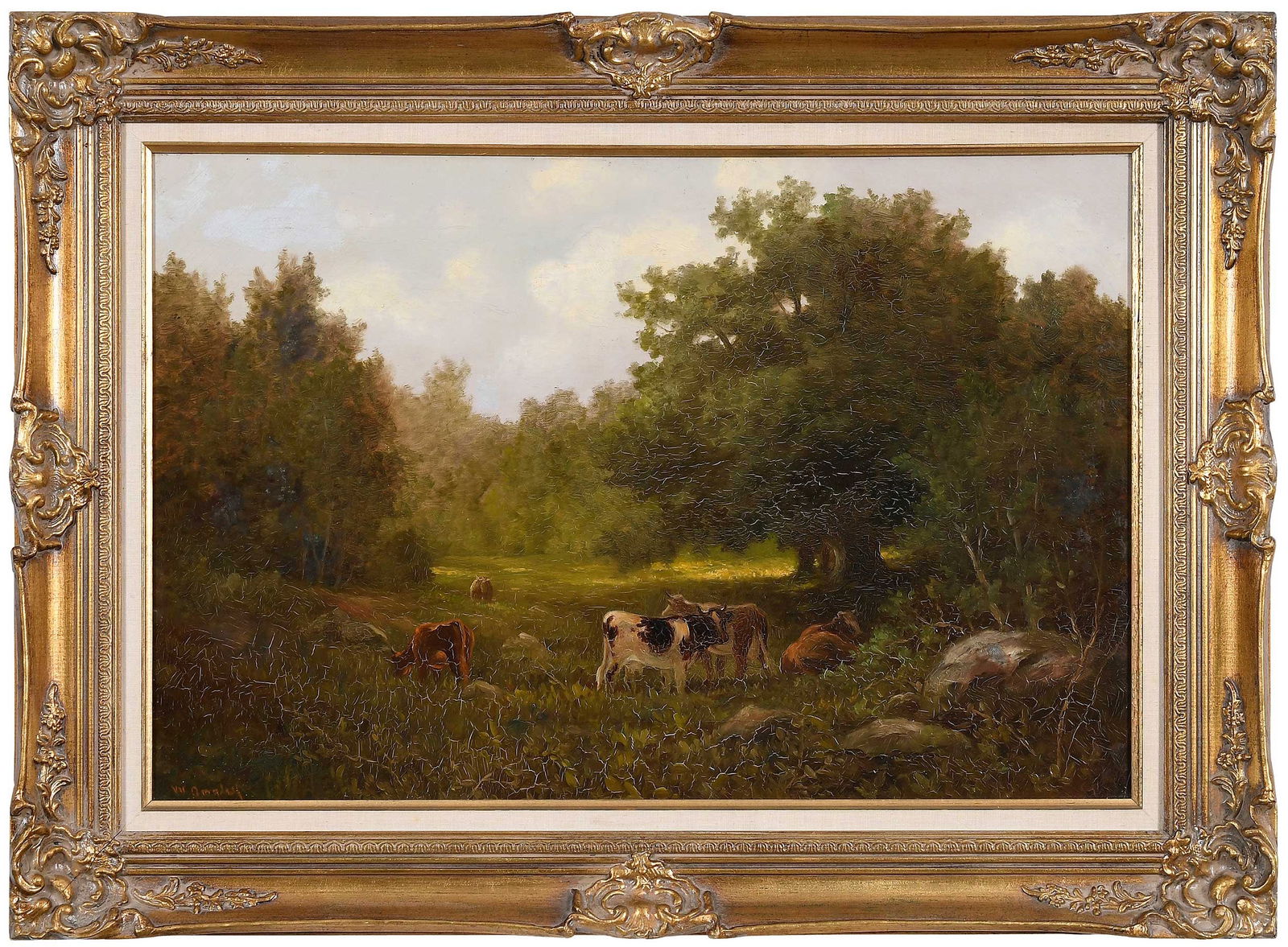 William Ongley: (British/New York, 1869-1952) Cows in a Rocky Clearing, signed lower left "W. Ongley", oil on canvas, 20 x 30 in.; reproduction gilt wood and composition frame, 27-1/2 x 37-1/2 x 3 in. Provenance: Bru