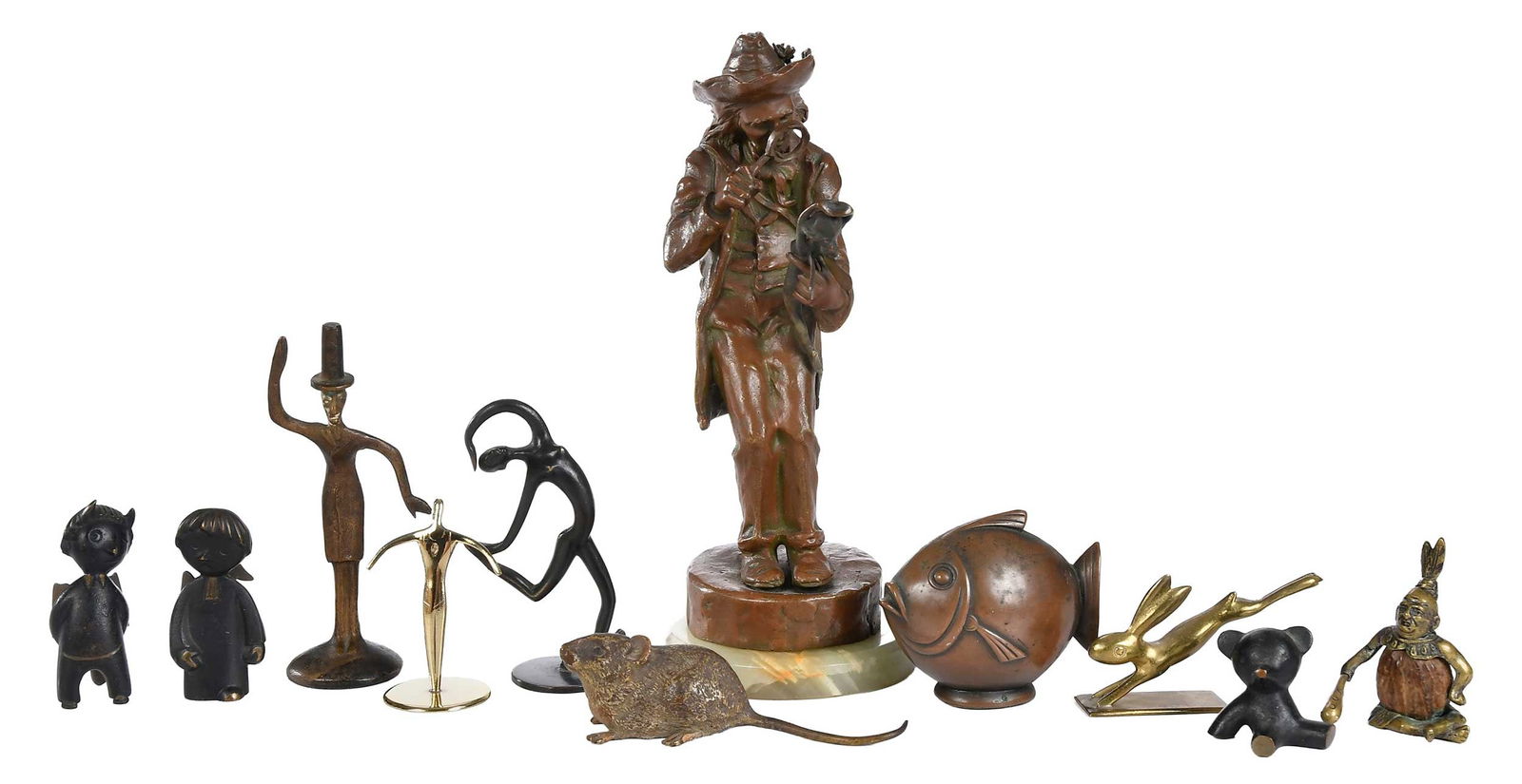 11 Continental Miniature Cabinet Bronzes: mostly Austrian, 20th century, including two WHW Hagenauer bronze figures, Herta Baller teddy bear, A.G. Bunge rabbit, Richard Rohac (Austrian, 1906-1956) figure, Carl Aubock figure, largest 7-1/4 x 2