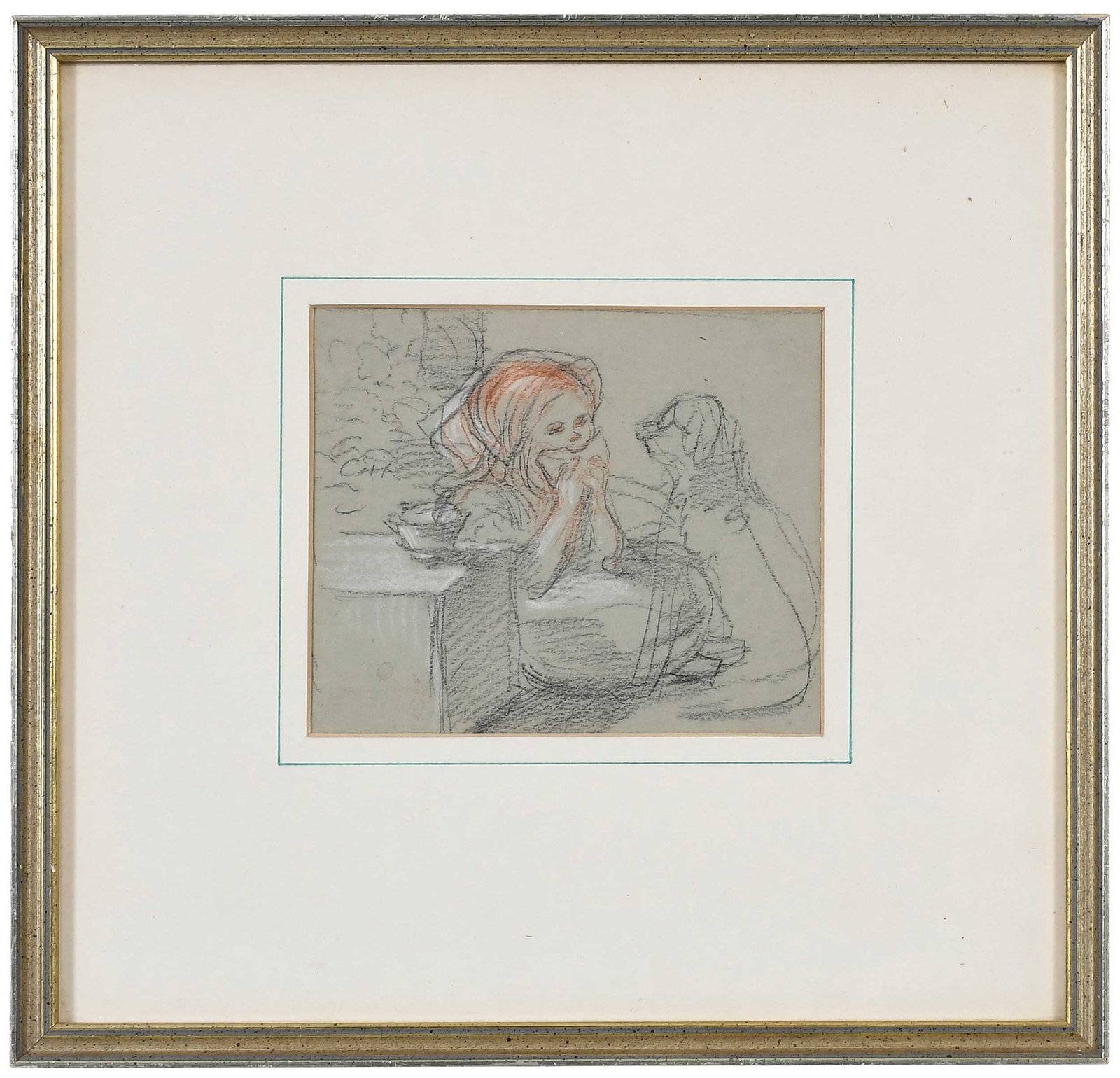 Manner of Charles West Cope, Girl and Her Dog: (British, 19th century) Sketch of girl eating alongside her dog, unsigned, antiques dealer label verso as well as artist name typed "Charles West Cope, R.A. 1811-1890", red, black, and white crayon on