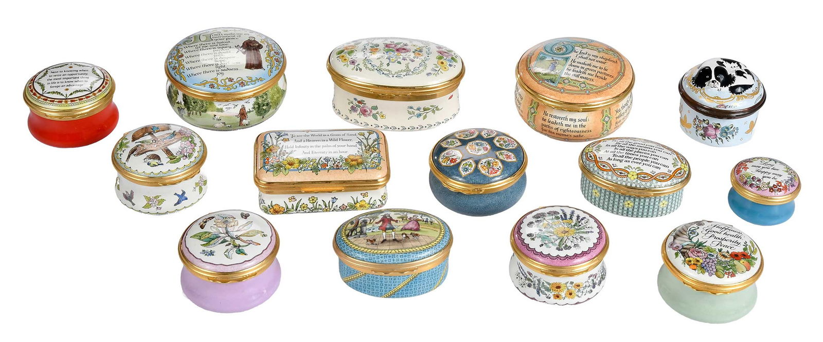 14 Halcyon Days Enamel Bonbonnieres and Pill Boxes: English, 20th century, enamel over copper, lidded containers of various form and decoration, many with painted scenes and/or verse, all with "Halcyon Days Enamels" to bases, 1 x 1-1/2 x 1-1/2 in. to 1