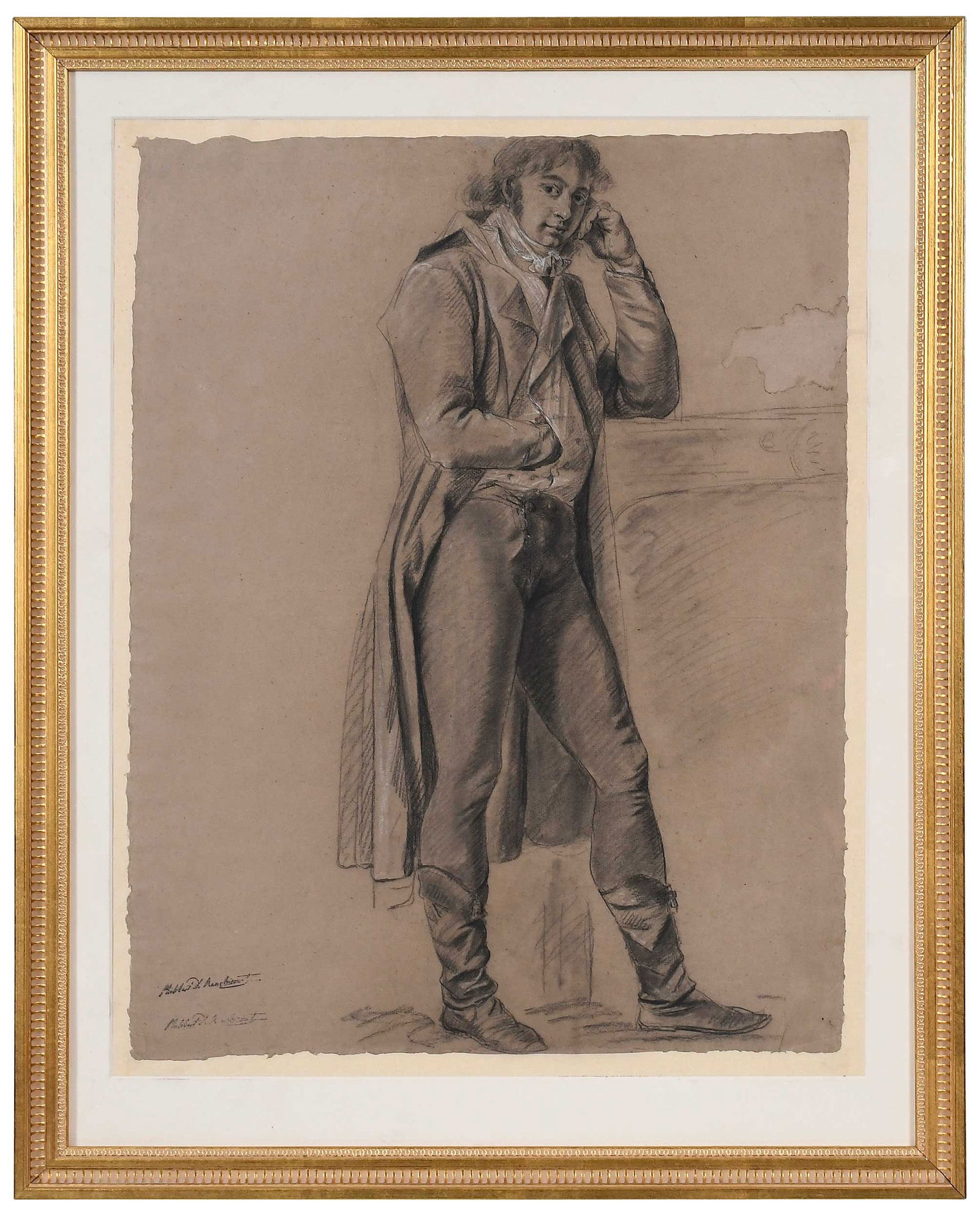 Philibert d'Amiens de Ranchicourt, Full Body Portrait: (French, 1781-1825) Standing Gentleman Leaning on Fireplace, two artist estate stamps lower left, black and white chalk on brown paper, sheet 23-1/2 x 18-1/4 in.; gilt wood frame, 30-1/8 x 24-1/8 x 1
