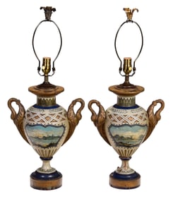 Pair of Neoclassical Style Painted Wood Urns Mounted as Lamps