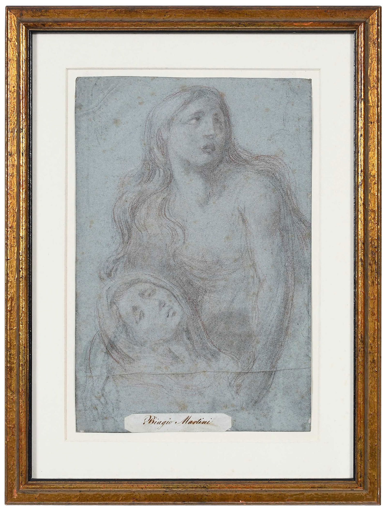 Attributed to Biagio Martini: (Italian, 1761-1840) Mary Magdalene with Swooning Virgin, unsigned, inscribed in ink on label mounted recto "Biagio Martini", red and black chalk over pencil on blue laid paper, 11-1/8 x 7-1/2 in.; gi