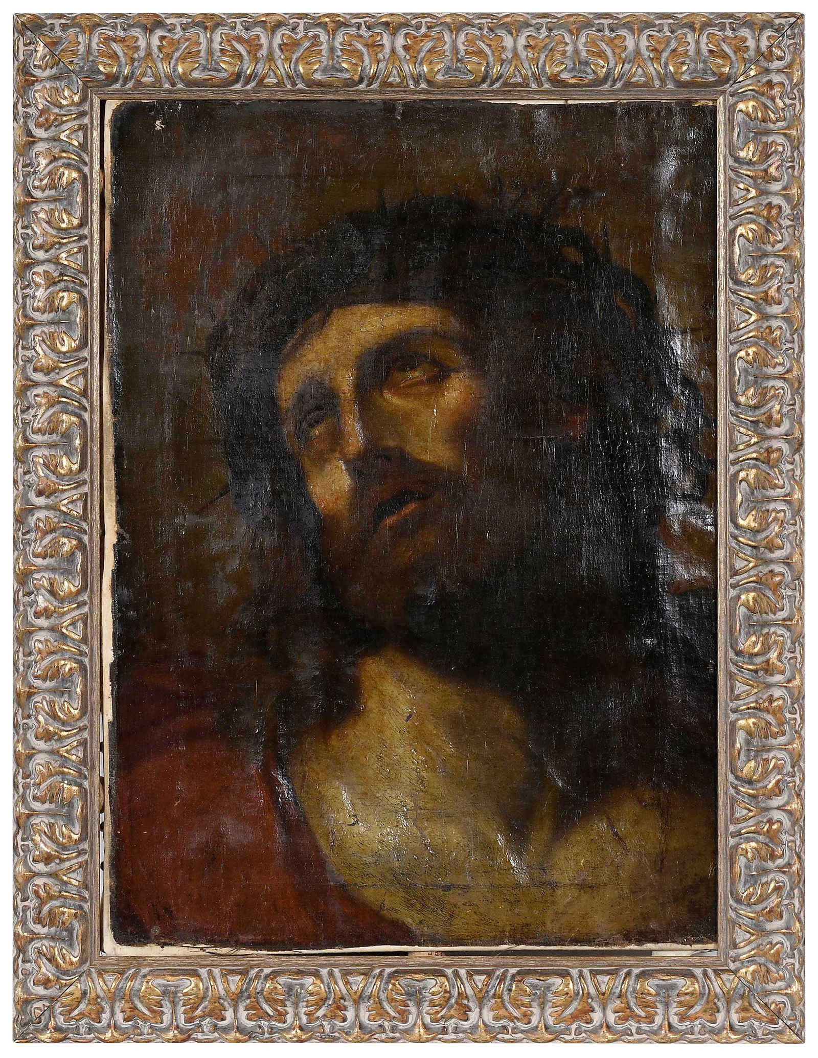 After Guido Reni, Man of Sorrows: (Italian, 1575-1642) Head of Christ, after the original held by the Rijksmuseum, Amsterdam, Netherlands, unsigned, 18th century or earlier, oil on canvas, 20 x 14-1/2 in.; modern leaf style frame, 24