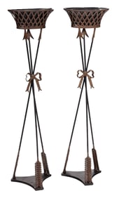 Pair of Directoire Style Arrow and Ribbon Decorated Standing Planters