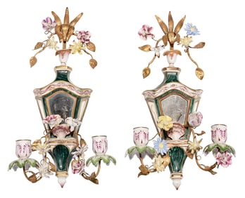 Pair of Porcelain Painted and Mirrored Two Light Wall Sconces