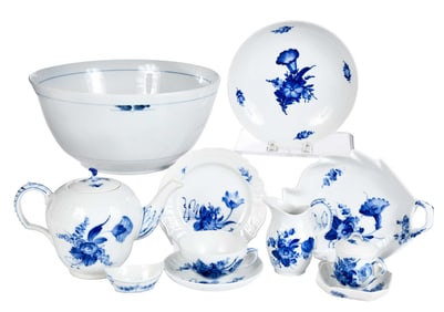 62 Pieces of Royal Copenhagen Blue Flowers Curved Porcelain Tableware and Gemina Punch Bowl