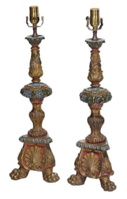 Pair of Continental Trifid Pricket Sticks Mounted as Lamps