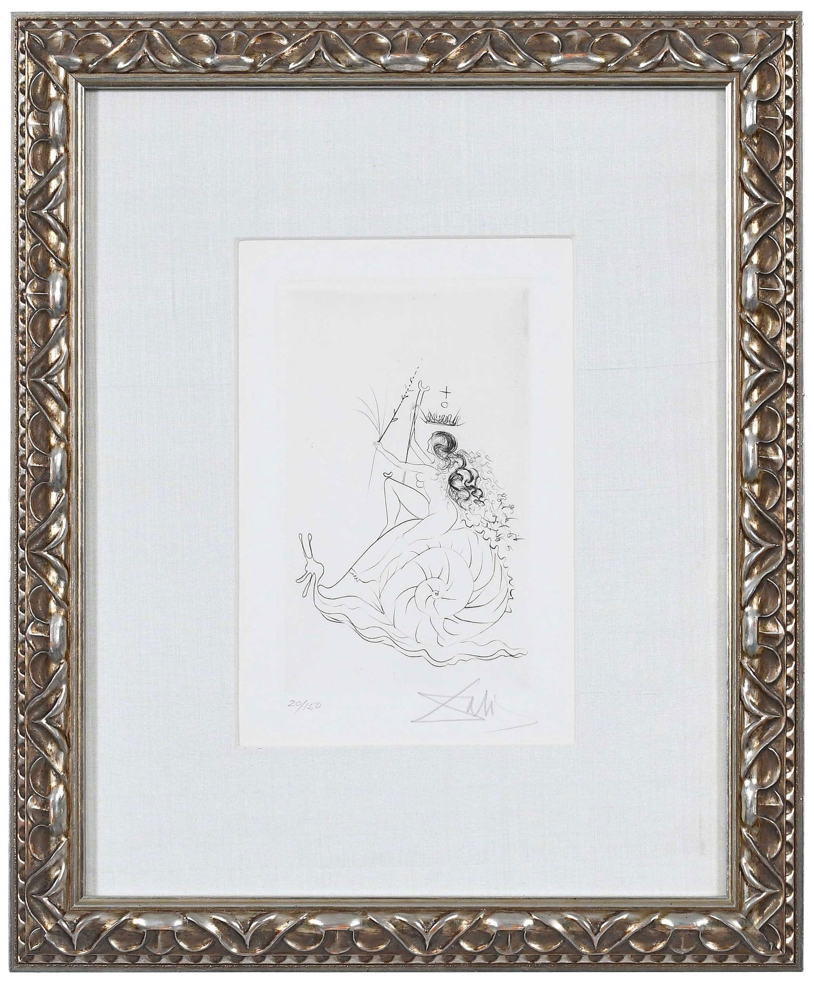 Salvador Dali, Escargot: (Spanish, 1904-1989) Woman leading snail, (Field 70-14), edition 20/150, signed in pencil lower right "Dali", drypoint etching on Rives BFK paper with "BFK" watermark, plate 7-1/2 x 4-5/8 in.; sheet 1