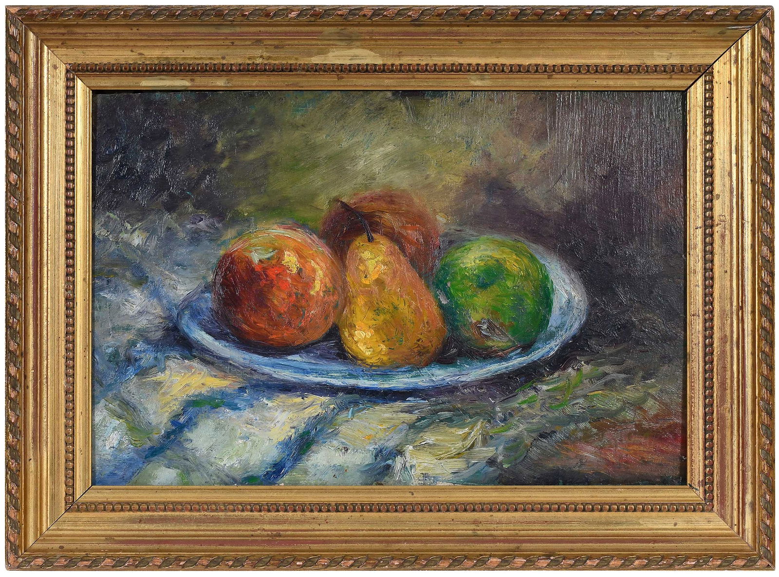 Arsene Etienne Sari, Fruit Still Life: (French, 1895-1995) Apples and Pears, signed verso "Arsene E. Sari", oil on Masonite, 10-1/2 x 15-3/4 in.; gilt wood frame, 14-1/2 x 19-5/8 x 1-1/2 in.