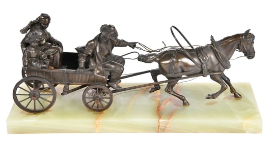Russian Bronze on Onyx Base, Travelers in Horse Drawn Cart