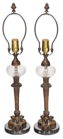 Pair of Continental Electrified Bronze and Glass Oil Lamps