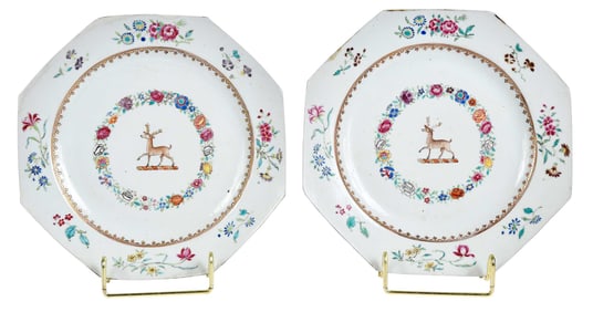 Pair of Chinese Export Armorial Octagonal Porcelain Plates, Steede
