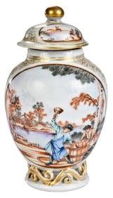 Chinese Export Covered Porcelain Tea Jar with Western Scenes