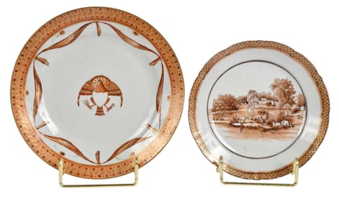Two Chinese Export Sepia Decorated Porcelain Plates with American Themes