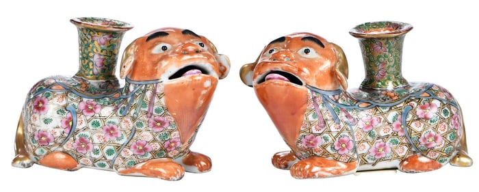 Pair of Chinese Export Porcelain Pug Dog Candlesticks