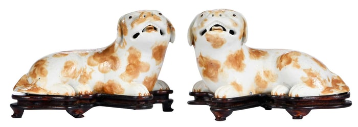 Pair of Chinese Export Biscuit Glazed Pug Dogs with Stands