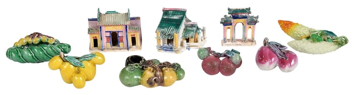 Nine Chinese Export Miniature Porcelain Fruit, Vegetables, and Houses
