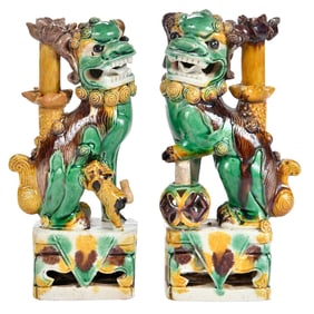 Pair of Chinese Export Sancai Glazed Fu Lion Joss Stick Holders