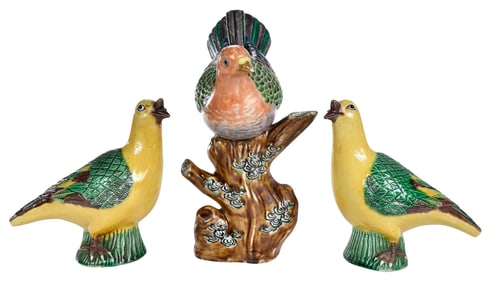 Pair of Chinese Export Sancai Glazed Pigeons with Dove
