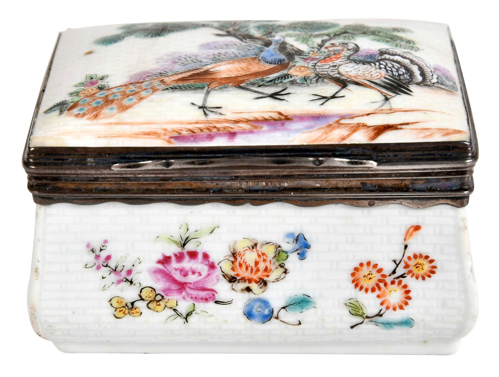Chinese Export Famille Rose Metal Mounted Porcelain Snuff Box: Qianlong period, molded basketweave pattern, peacock and turkey amongst flowers, birds to interior cover, 1-3/4 x 2-7/8 x 2-1/4 in. Provenance: The Collection of John Suval, Fredericksburg, Virgi