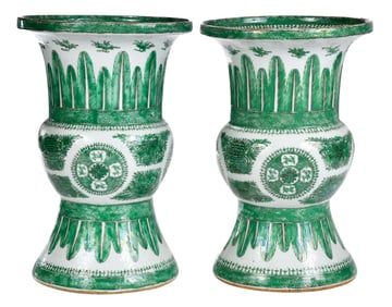 Large Pair of Chinese Export Green Fitzhugh Gu Form Vases