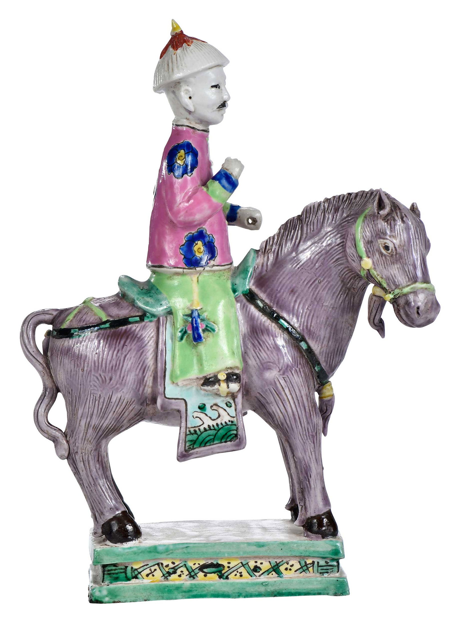 Chinese Export Porcelain Biscuit Glazed Equestrian Figure: late 18th/early 19th century, rider with pink flowered jacket and saddle blanket with wave pattern, aubergine horse with neck slightly turned to the right, 9-7/8 x 6-1/4 x 2-3/4 in. Provenan